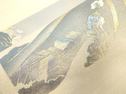 平和屋着物▼太鼓柄袋帯　作家物　刺繍　風景文　金銀彩　正絹　逸品　CABK8462dy