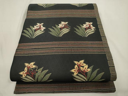 平和屋着物●全通柄袋帯　草花文　黒地　正絹　逸品　CABK8467dy