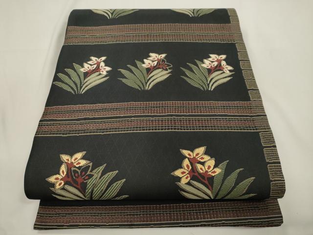 平和屋着物●全通柄袋帯　草花文　黒地　正絹　逸品　CABK8467dy