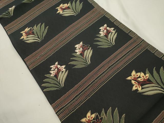 平和屋着物●全通柄袋帯　草花文　黒地　正絹　逸品　CABK8467dy