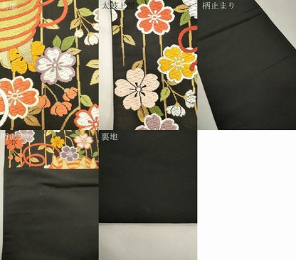 平和屋着物▼六通柄袋帯　唐織　糸巻き花文　黒地　金銀糸　正絹　逸品　CABK8471dy
