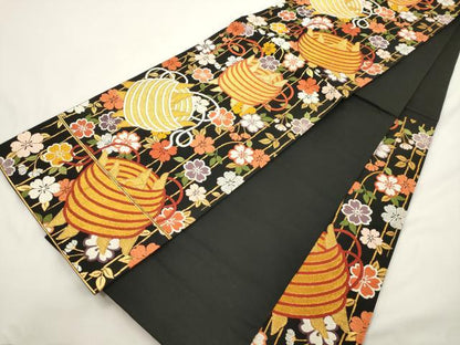 平和屋着物▼六通柄袋帯　唐織　糸巻き花文　黒地　金銀糸　正絹　逸品　CABK8471dy