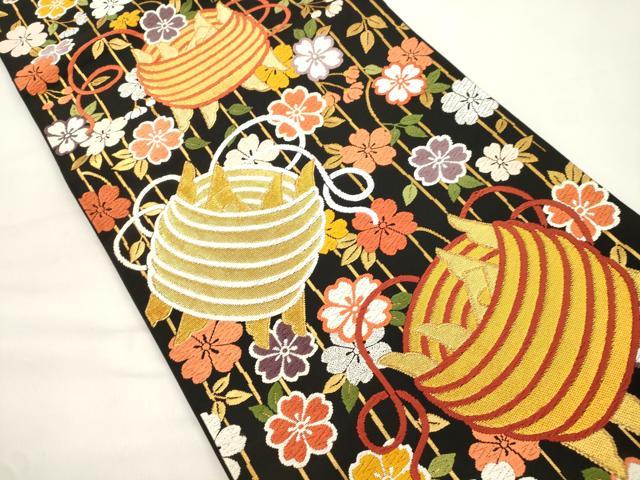平和屋着物▼六通柄袋帯　唐織　糸巻き花文　黒地　金銀糸　正絹　逸品　CABK8471dy