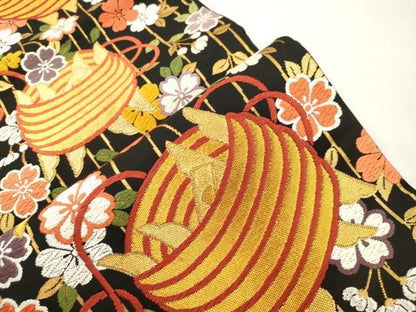 平和屋着物▼六通柄袋帯　唐織　糸巻き花文　黒地　金銀糸　正絹　逸品　CABK8471dy