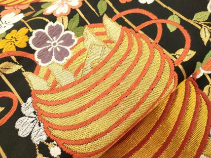平和屋着物▼六通柄袋帯　唐織　糸巻き花文　黒地　金銀糸　正絹　逸品　CABK8471dy