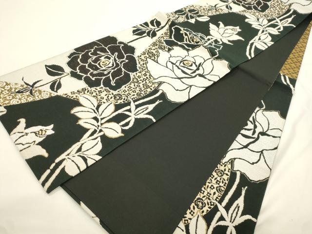 平和屋着物●六通柄袋帯　薔薇　黒地　金銀糸　正絹　逸品　CABK8476dy
