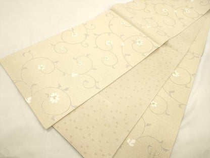 平和屋着物▽六通柄袋帯　スリーシーズン　春夏秋　花唐草文　ひこばえ　金糸　反端付き　正絹　逸品　CABK8478dy
