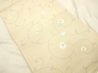 平和屋着物▽六通柄袋帯　スリーシーズン　春夏秋　花唐草文　ひこばえ　金糸　反端付き　正絹　逸品　CABK8478dy