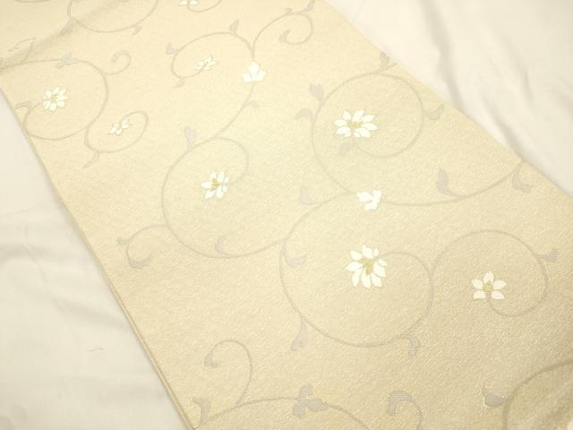 平和屋着物▽六通柄袋帯　スリーシーズン　春夏秋　花唐草文　ひこばえ　金糸　反端付き　正絹　逸品　CABK8478dy