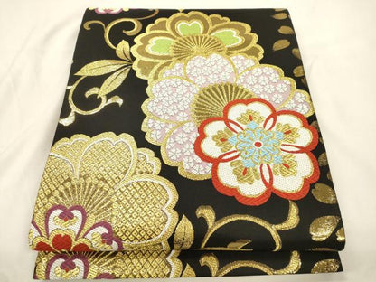 平和屋着物●六通柄袋帯　唐織　舞花文　黒地　金糸　正絹　逸品　CABK8485dy