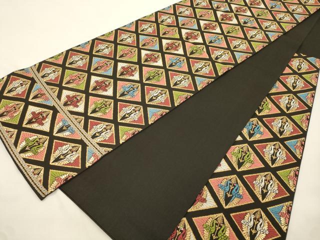 平和屋着物●六通柄　本袋帯　唐織　菱双鶴文　黒字　金糸　正絹　逸品　CABK8488dy