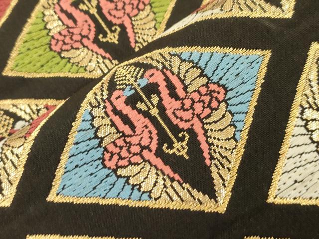 平和屋着物●六通柄　本袋帯　唐織　菱双鶴文　黒字　金糸　正絹　逸品　CABK8488dy