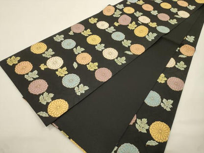 平和屋着物●六通柄袋帯　唐織　草花文　黒地　金糸　正絹　逸品　CABK8490dy