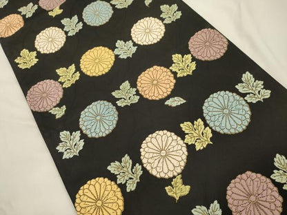 平和屋着物●六通柄袋帯　唐織　草花文　黒地　金糸　正絹　逸品　CABK8490dy