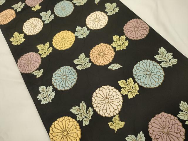 平和屋着物●六通柄袋帯　唐織　草花文　黒地　金糸　正絹　逸品　CABK8490dy