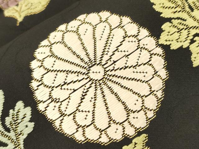 平和屋着物●六通柄袋帯　唐織　草花文　黒地　金糸　正絹　逸品　CABK8490dy