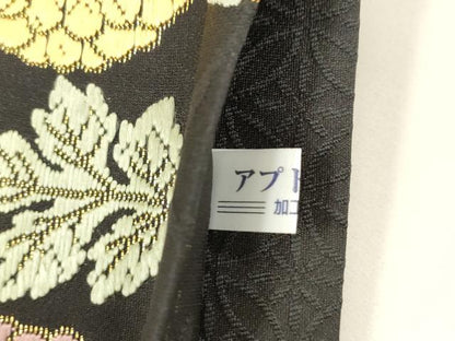 平和屋着物●六通柄袋帯　唐織　草花文　黒地　金糸　正絹　逸品　CABK8490dy