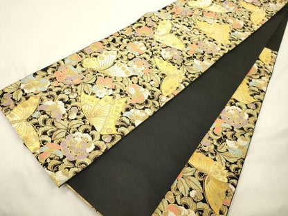平和屋着物●西陣の名門　本家加納　六通柄袋帯　更紗舞蝶文　黒地　金糸　正絹　逸品　CABK8501dy