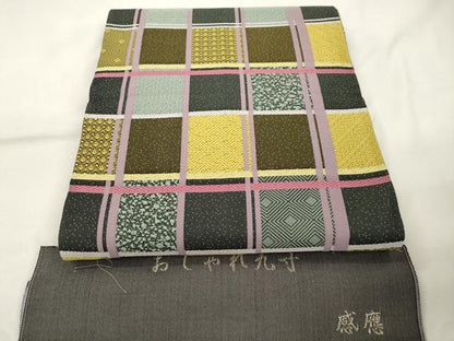 平和屋着物●大島紬作家 小宗林感應　全通柄　九寸開き名古屋帯　格子市松　反端付き　正絹　逸品　CABK8528dy
