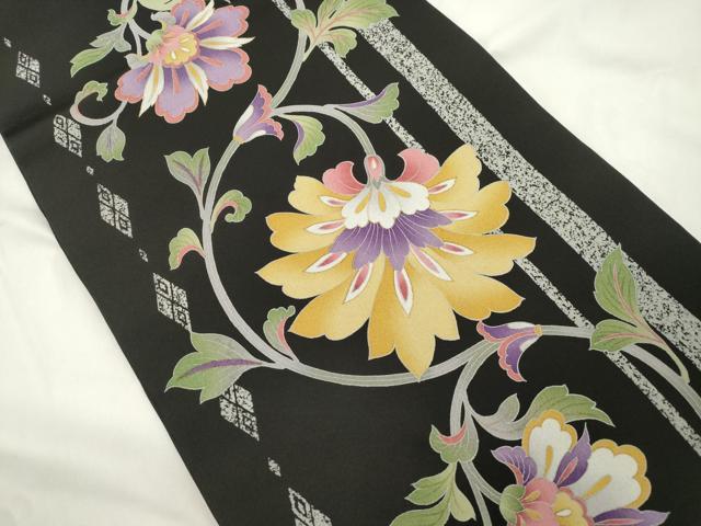 平和屋着物●九寸開き名古屋帯　更紗花文　黒地　正絹　逸品　CABK8537dy