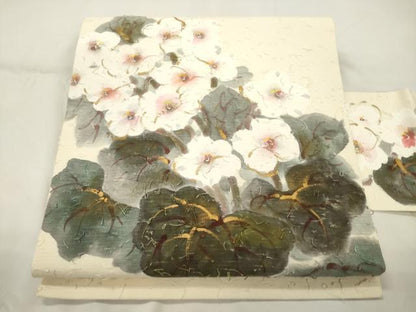 平和屋着物●九寸名古屋帯　手描き　髭紬　草花文　金彩　正絹　逸品　CABK8538dy