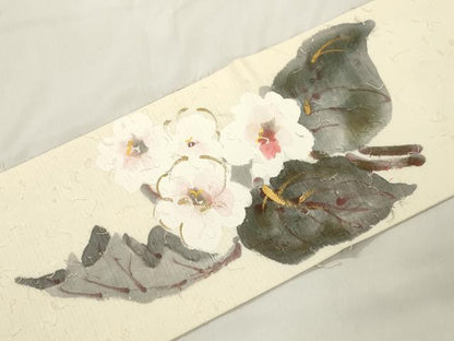 平和屋着物●九寸名古屋帯　手描き　髭紬　草花文　金彩　正絹　逸品　CABK8538dy