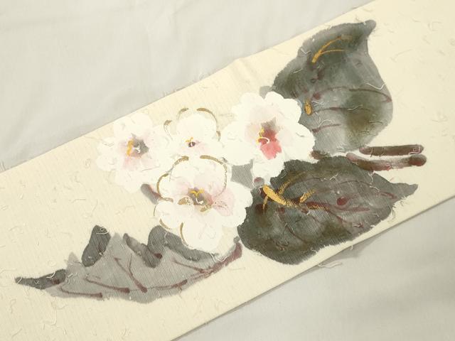 平和屋着物●九寸名古屋帯　手描き　髭紬　草花文　金彩　正絹　逸品　CABK8538dy