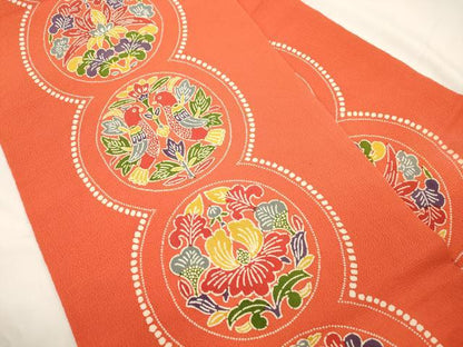 平和屋着物●全通柄九寸名古屋帯　型染め　花鳥文　鬼しぼ縮緬　正絹　逸品　CABK8550dy