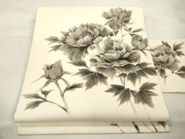 平和屋着物●塩瀬　九寸名古屋帯　作家物　手描き　草花文　正絹　逸品　CABK8554dy