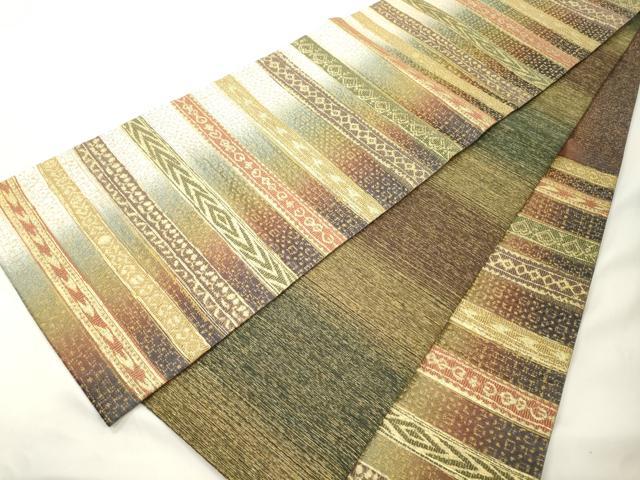 平和屋着物●両面　六通柄袋帯　横段文　金糸　正絹　逸品　CABK8560dy