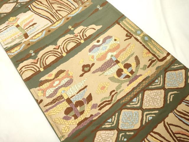 平和屋着物●六通柄袋帯　唐織　趣悦織　幾何学花文　正絹　逸品　CABK8571dy