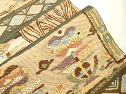 平和屋着物●六通柄袋帯　唐織　趣悦織　幾何学花文　正絹　逸品　CABK8571dy