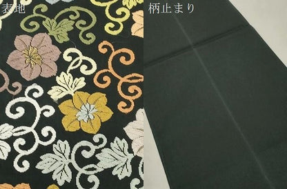 平和屋着物●六通柄袋帯　唐織　花唐草文　黒地　正絹　逸品　CABK8573dy