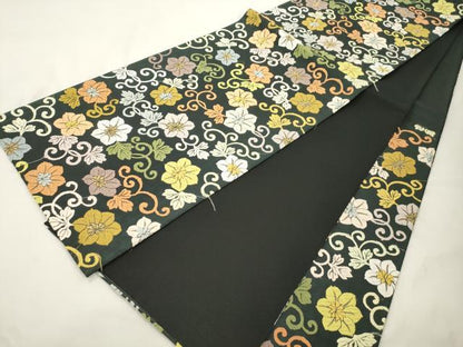 平和屋着物●六通柄袋帯　唐織　花唐草文　黒地　正絹　逸品　CABK8573dy