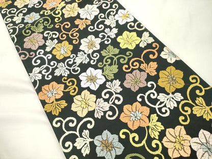 平和屋着物●六通柄袋帯　唐織　花唐草文　黒地　正絹　逸品　CABK8573dy