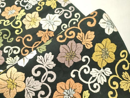 平和屋着物●六通柄袋帯　唐織　花唐草文　黒地　正絹　逸品　CABK8573dy