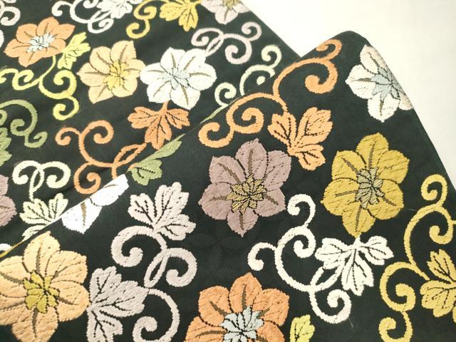 平和屋着物●六通柄袋帯　唐織　花唐草文　黒地　正絹　逸品　CABK8573dy