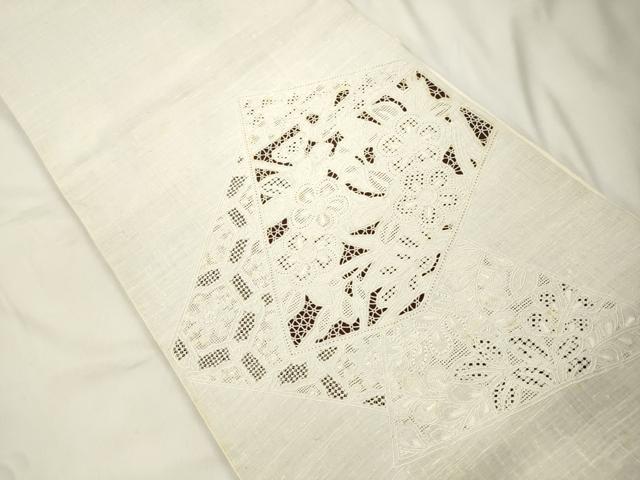 平和屋着物●中国三大刺繍　スワトウ刺繍　相良刺繍　総刺繍　太鼓柄袋帯　紬地　切嵌草花文　正絹　逸品　CABK8577dy