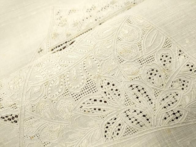 平和屋着物●中国三大刺繍　スワトウ刺繍　相良刺繍　総刺繍　太鼓柄袋帯　紬地　切嵌草花文　正絹　逸品　CABK8577dy