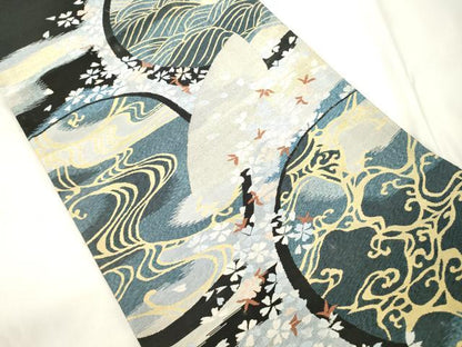 平和屋着物●爪掻き本綴れ　六通柄袋帯　立波舞花文　黒地　正絹　逸品　CABK8578dy