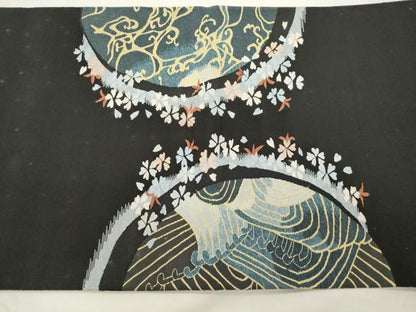 平和屋着物●爪掻き本綴れ　六通柄袋帯　立波舞花文　黒地　正絹　逸品　CABK8578dy