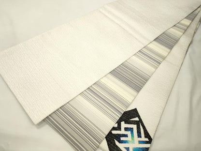 平和屋着物●両面　太鼓柄袋帯　幾何学文　銀通し地　正絹　逸品　CABK8579dy