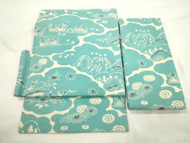 平和屋着物●つけ帯　型染め　遠山草花文　正絹　逸品　CABK8590dy