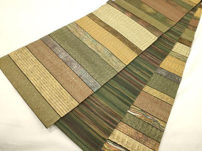平和屋着物▽全通柄袋帯　スリーシーズン　春夏秋　横段文　金銀糸　正絹　逸品　CABK8592dy