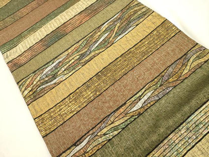 平和屋着物▽全通柄袋帯　スリーシーズン　春夏秋　横段文　金銀糸　正絹　逸品　CABK8592dy