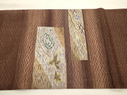 平和屋着物▽太鼓柄袋帯　スリーシーズン　春夏秋　櫛織　流水草花文　正絹　逸品　CABK8597dy