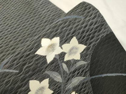 平和屋着物▽太鼓柄袋帯　スリーシーズン　春夏秋　櫛織　草花文　黒地　銀糸　正絹　逸品　CABK8598dy