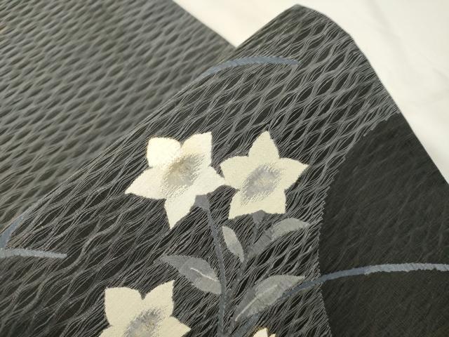 平和屋着物▽太鼓柄袋帯　スリーシーズン　春夏秋　櫛織　草花文　黒地　銀糸　正絹　逸品　CABK8598dy