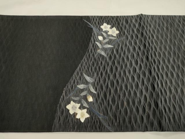 平和屋着物▽太鼓柄袋帯　スリーシーズン　春夏秋　櫛織　草花文　黒地　銀糸　正絹　逸品　CABK8598dy