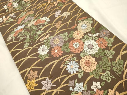 平和屋着物●六通柄袋帯　唐織　露芝に秋草文　金糸　正絹　逸品　CABK8601dy